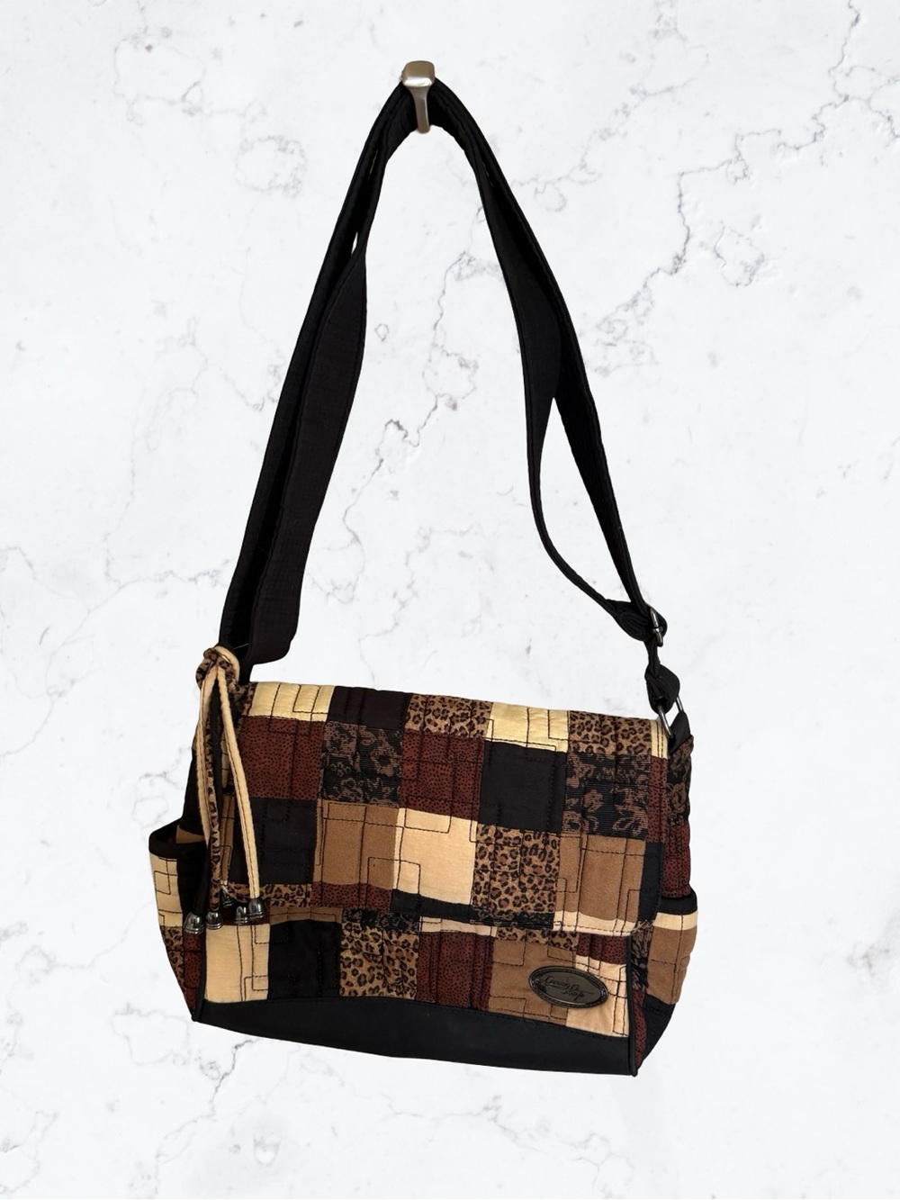 Donna Sharp Thick Strap Patchwork Leather-Trim Crossbody Bag in Brown & Black